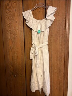 Heatherly Striped Off-Shoulder Ruffle Belted Dress in Light Beige.